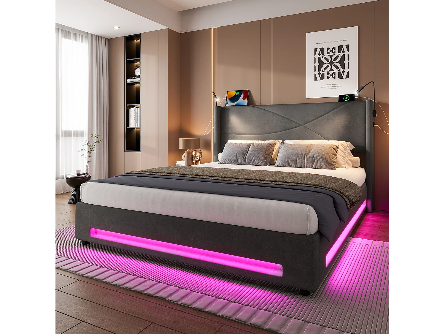Lit coffre adulte 140x200cm gris en velours avec 2 lampe de lecture + LED + USB, Sommier à lattes, sans matelas