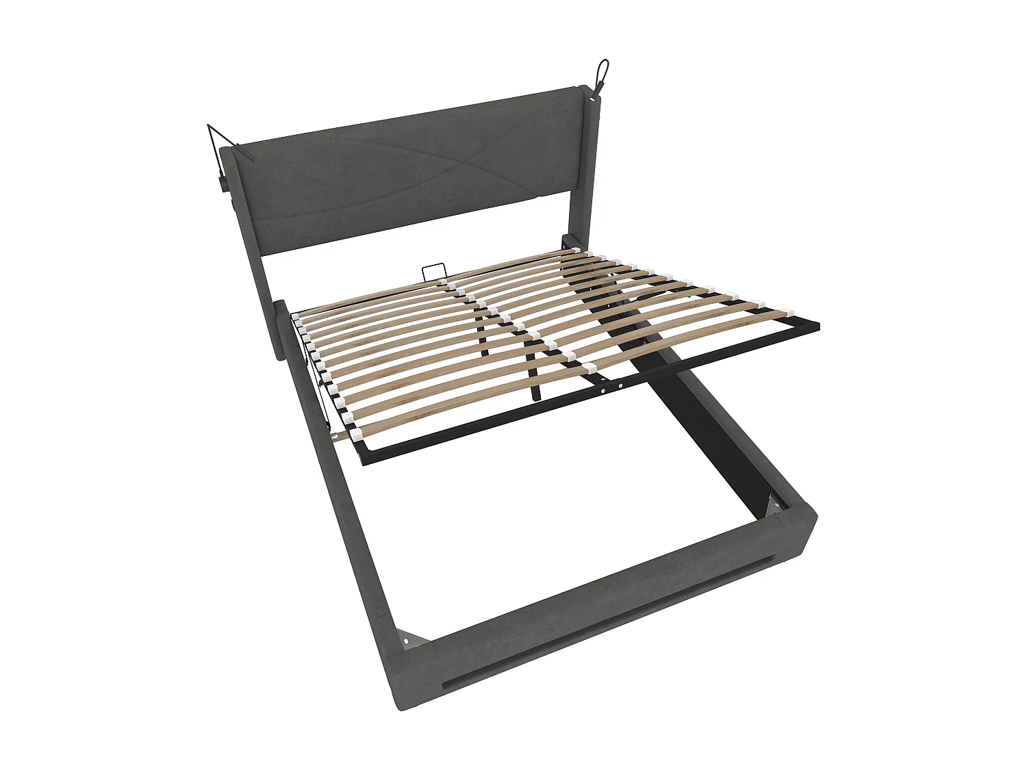 Lit coffre adulte 140x200cm gris en velours avec 2 lampe de lecture + LED + USB, Sommier à lattes, sans matelas