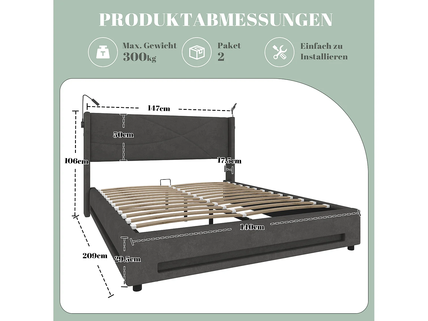 Lit coffre adulte 140x200cm gris en velours avec 2 lampe de lecture + LED + USB, Sommier à lattes, sans matelas