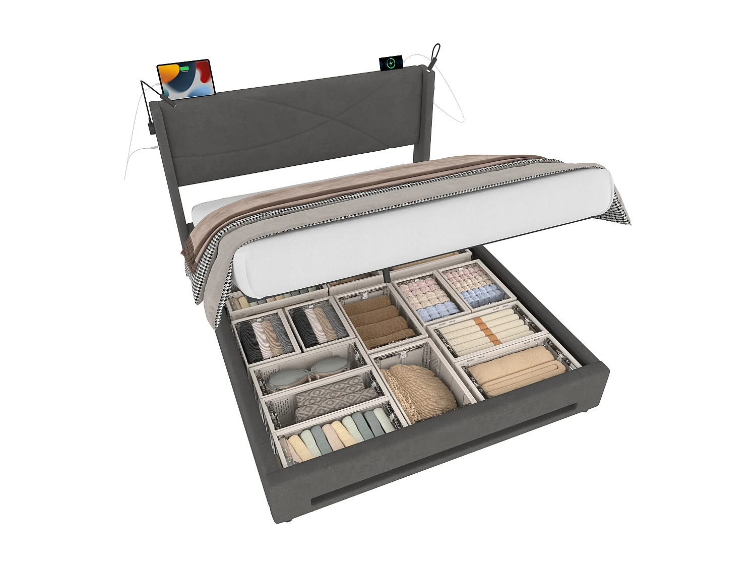 Lit coffre adulte 140x200cm gris en velours avec 2 lampe de lecture + LED + USB, Sommier à lattes, sans matelas