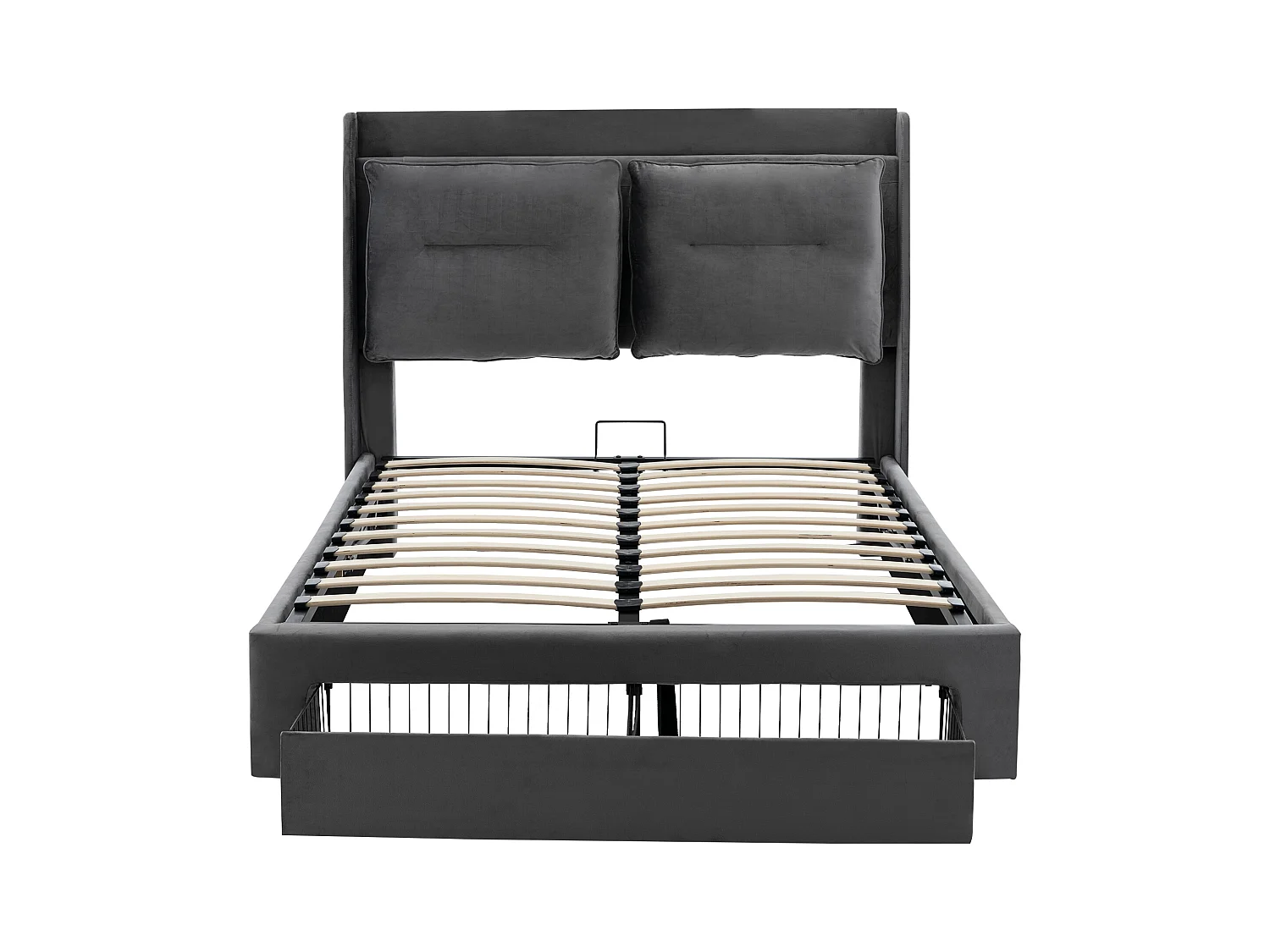 Lit coffre adulte 160x200 cm gris en velours, avec tiroirs de rangement + LED, sans matelas