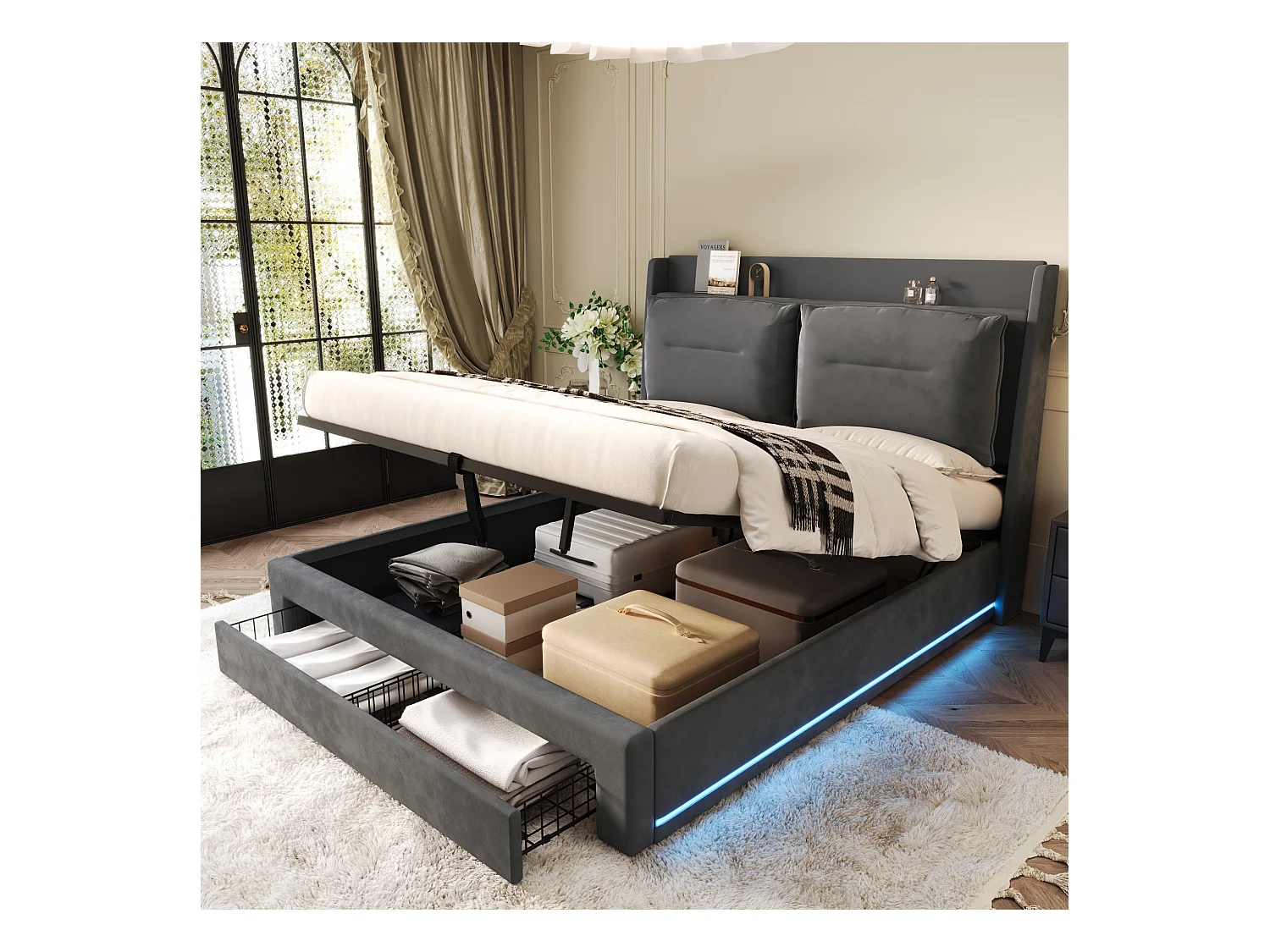 Lit coffre adulte 160x200 cm gris en velours, avec tiroirs de rangement + LED, sans matelas