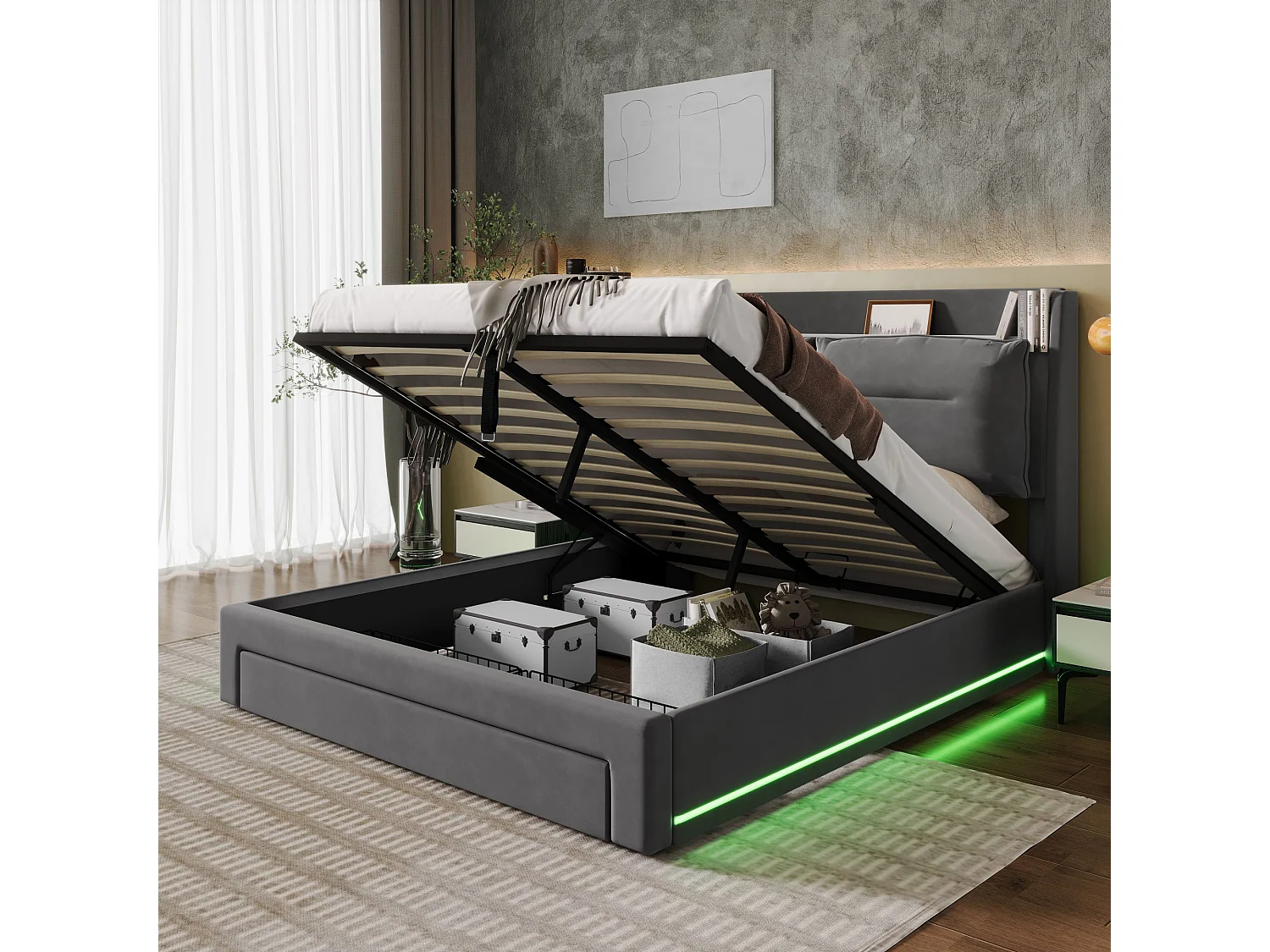 Cama com arrumação 160x200 cm cinzenta em veludo com gaveta e luzes LED, sem colchão
