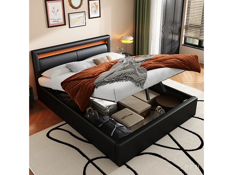 Cama con arcón 140x190 cm negra con LED, piel sintética y MDF, somier de láminas, sin colchón