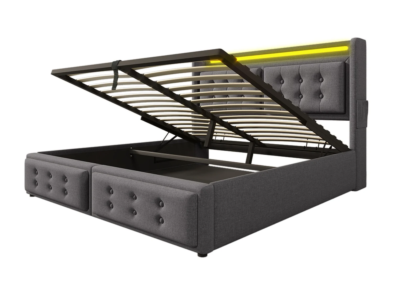 Opbergbed 140x200 cm grijs met LED en USB-C-poort, katoen en linnen, lattenbodem, zonder matras