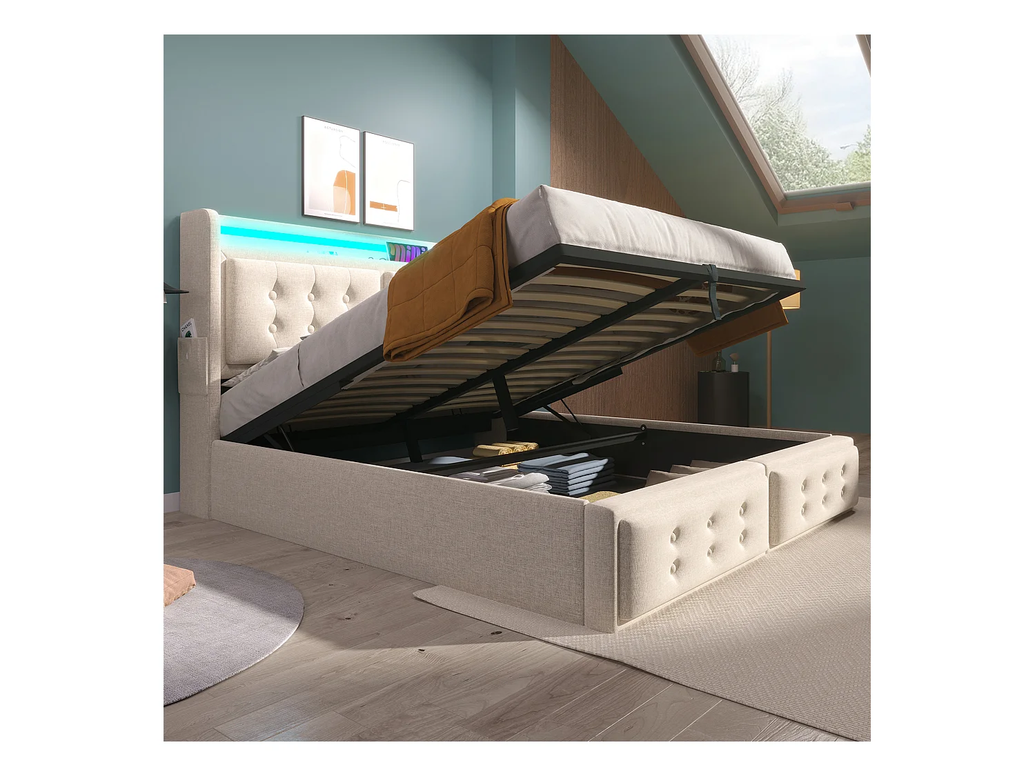 Opbergbed 160x200 cm beige met LED en USB-C-poort, katoen en linnen, lattenbodem, zonder matras