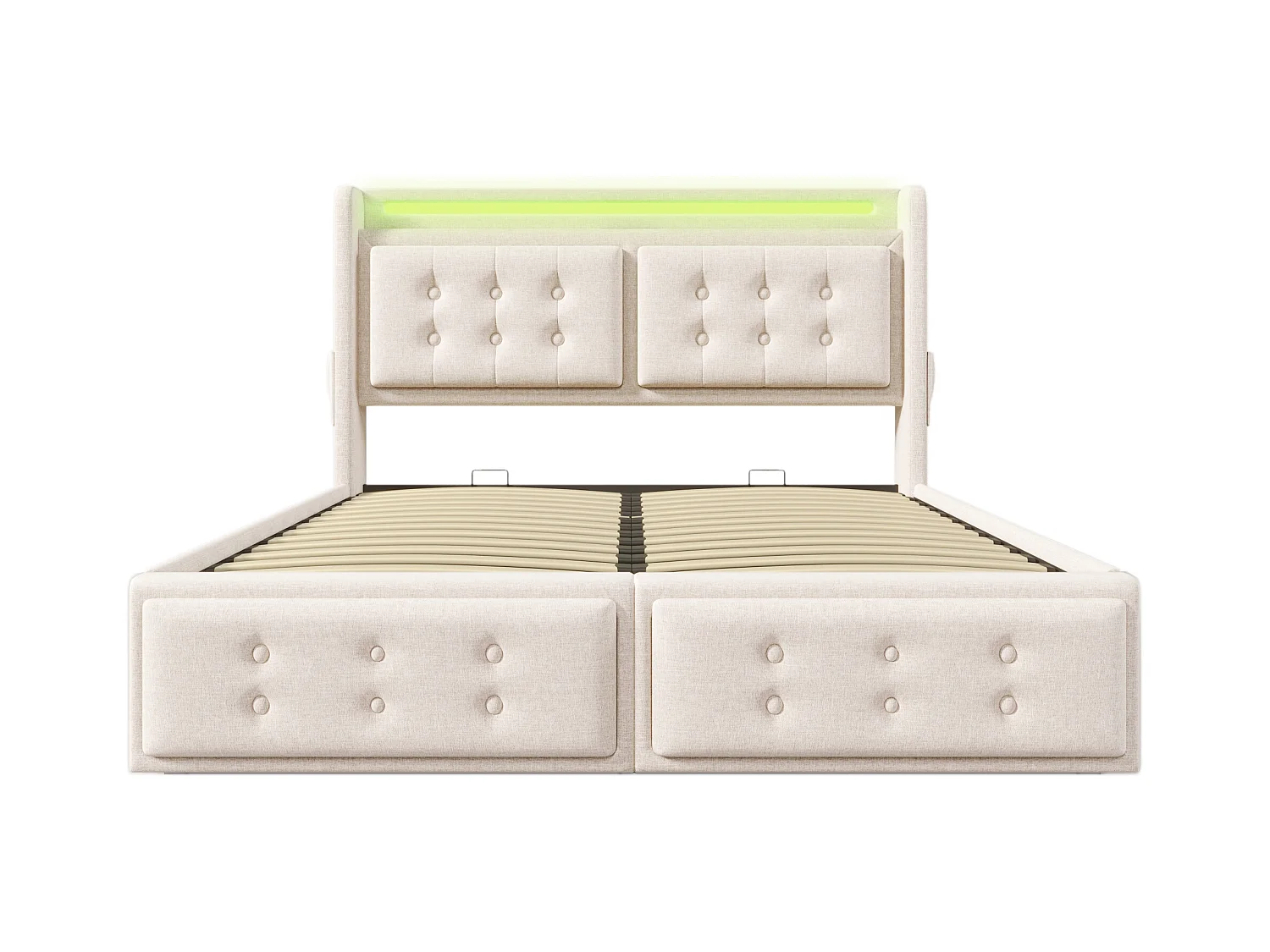 Lit coffre adulte 160x200cm beige avec LED + USB C, coton et lin, Sommier à lattes, sans matelas