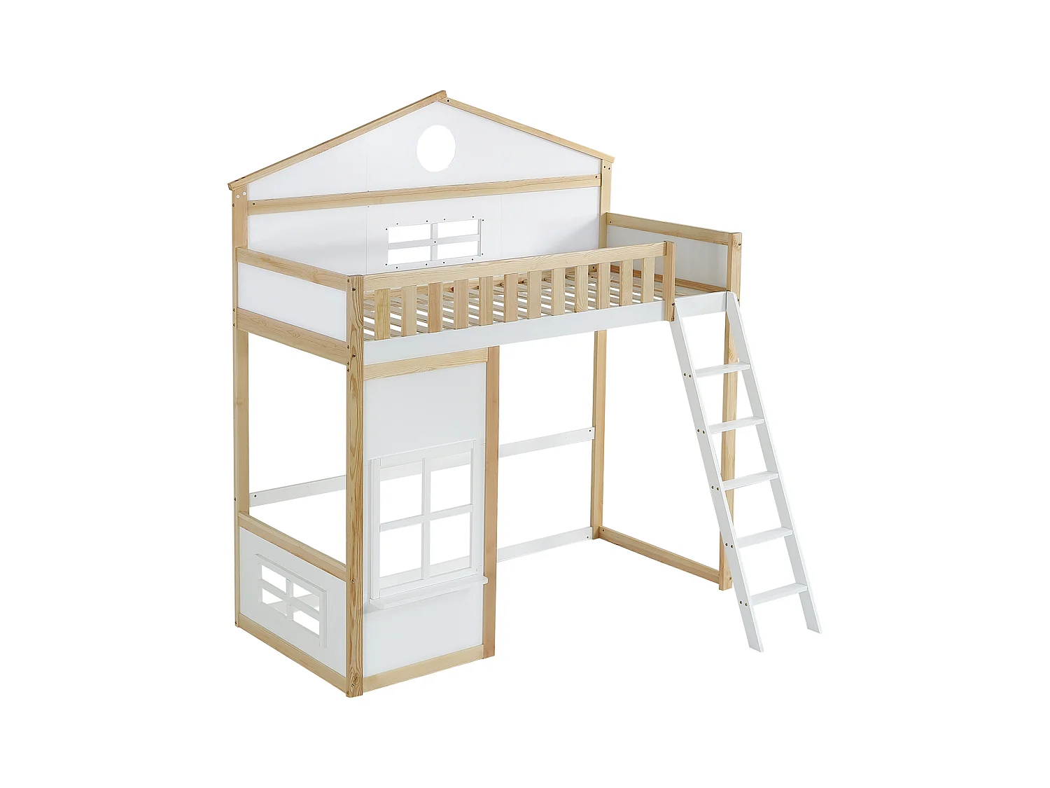 Lit superposé enfant 90x200 cm avec 1 sommier à lattes, antichute, pin + MDF, blanc + naturel