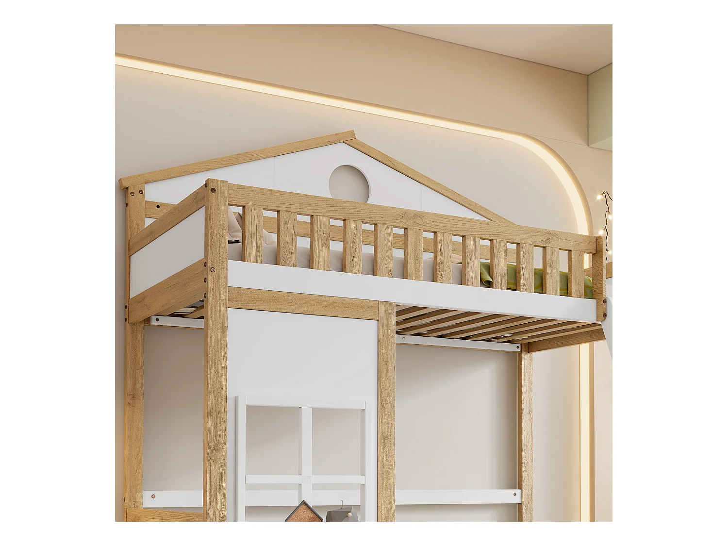 Lit superposé enfant 90x200 cm avec 1 sommier à lattes, antichute, pin + MDF, blanc + naturel