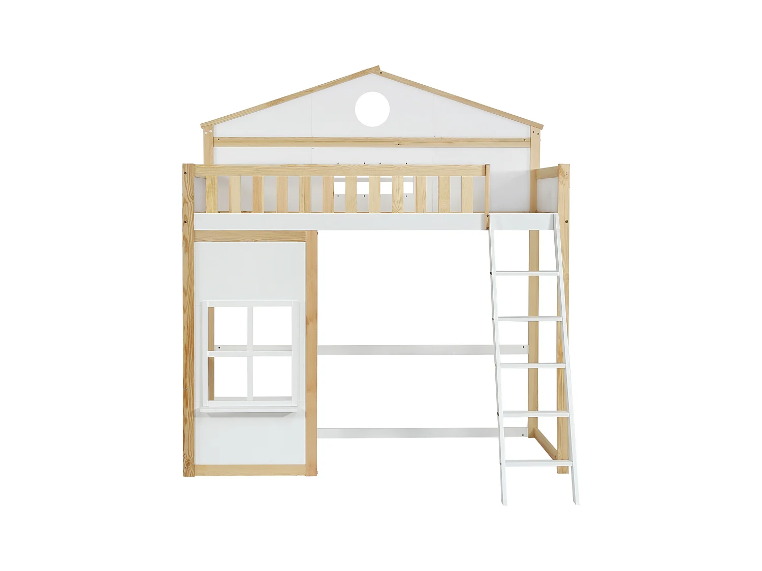 Lit superposé enfant 90x200 cm avec 1 sommier à lattes, antichute, pin + MDF, blanc + naturel