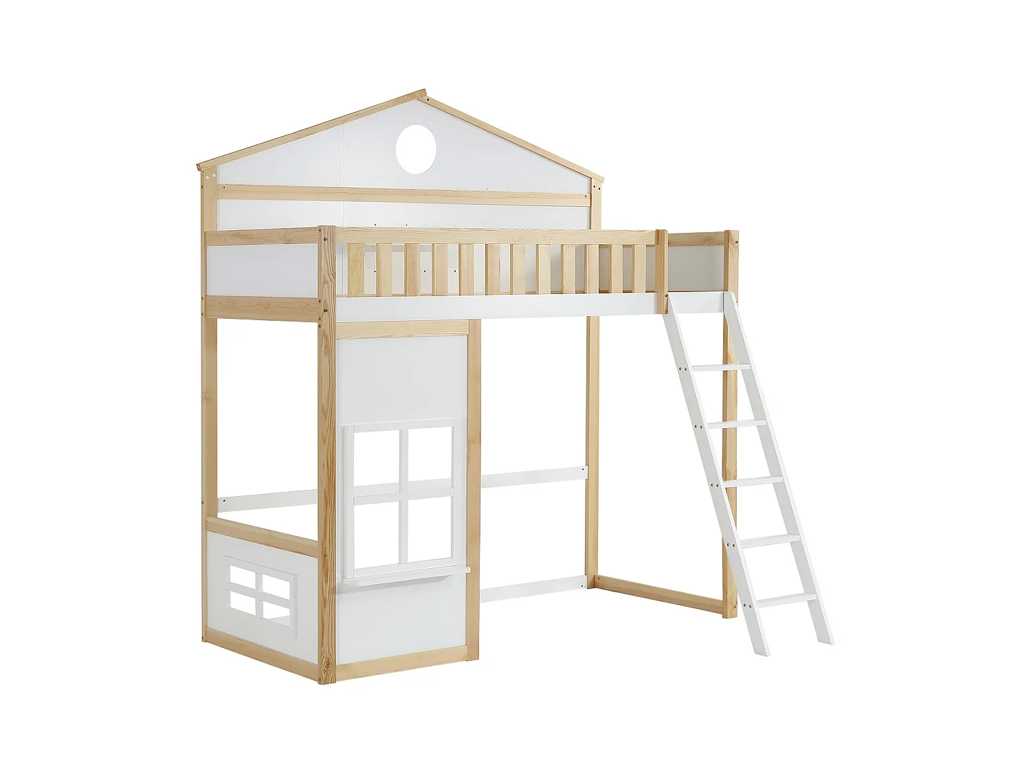 Lit superposé enfant 90x200 cm avec 1 sommier à lattes, antichute, pin + MDF, blanc + naturel