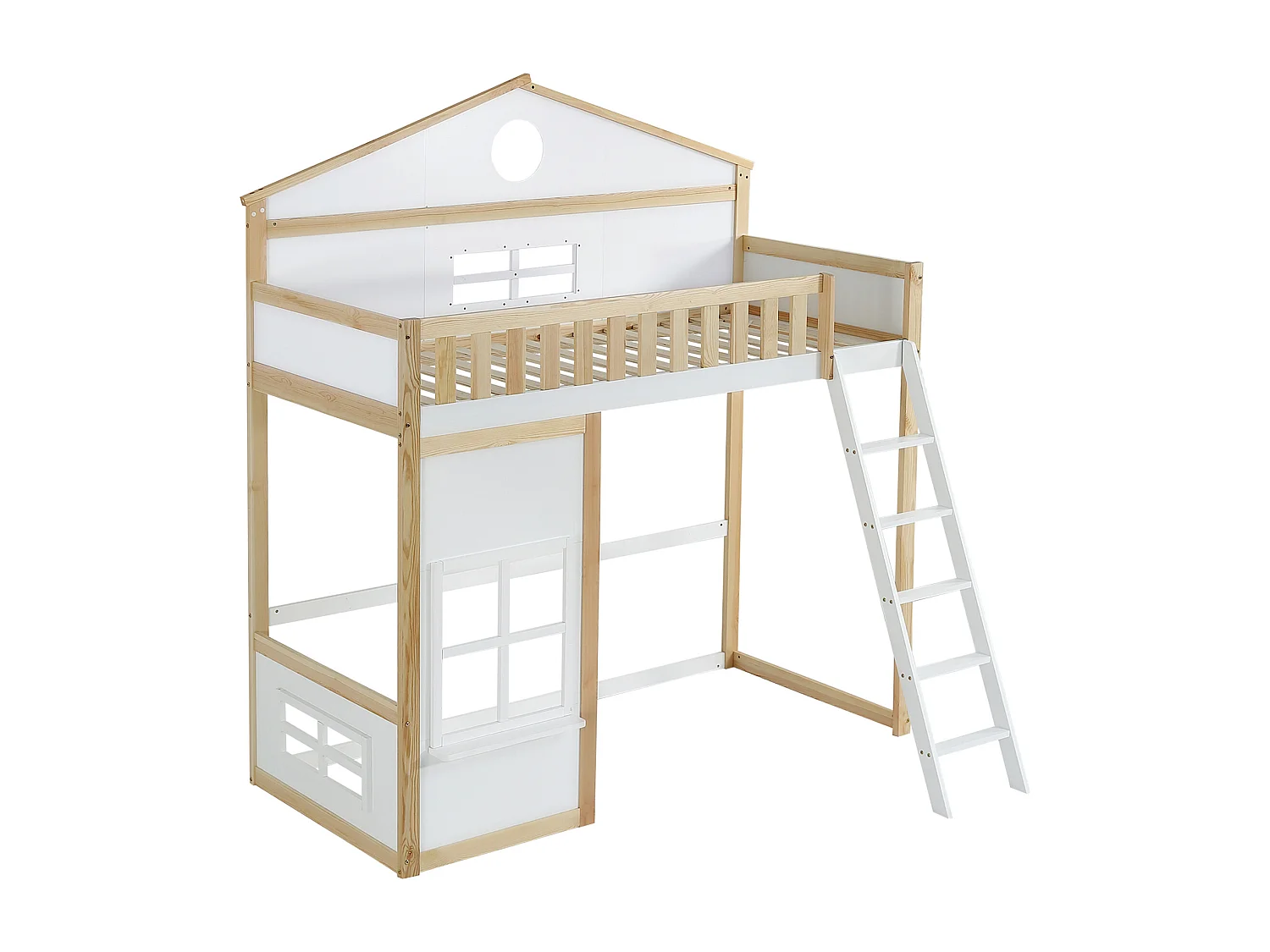 Lit superposé enfant 90x200 cm avec 1 sommier à lattes, antichute, pin + MDF, blanc + naturel