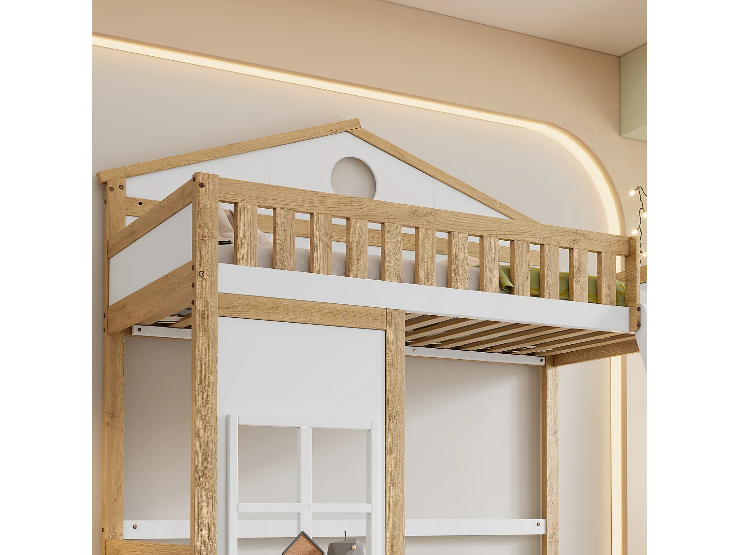 Lit superposé enfant 90x200 cm avec 1 sommier à lattes, antichute, pin + MDF, blanc + naturel