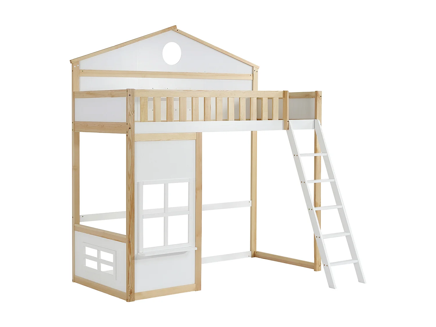 Lit superposé enfant 90x200 cm avec 1 sommier à lattes, antichute, pin + MDF, blanc + naturel