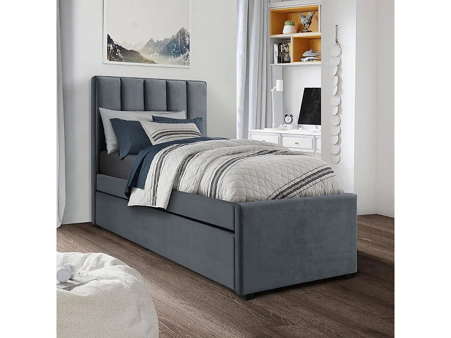 Lit gigogne 90 x 200cm gris avec sommier a lattes Tom