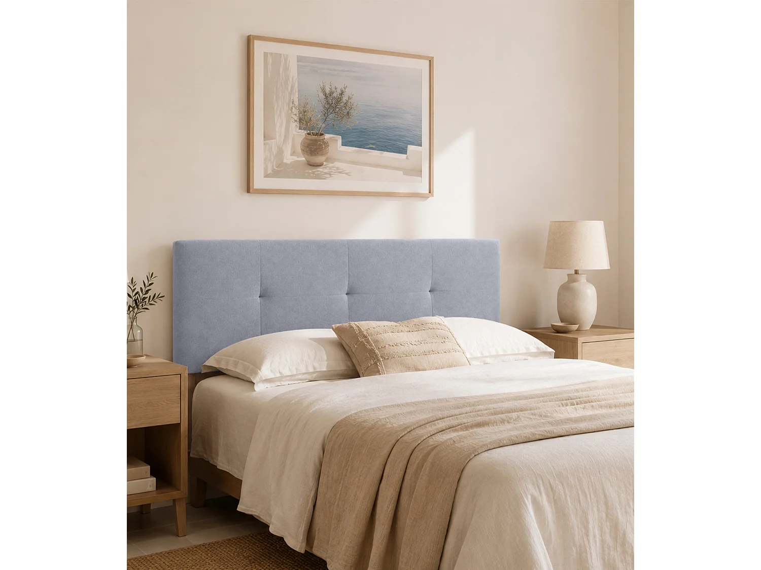Cabecero de cama de 50x105x4 cm de plancha de madera y en terciopelo en color gris Jensen