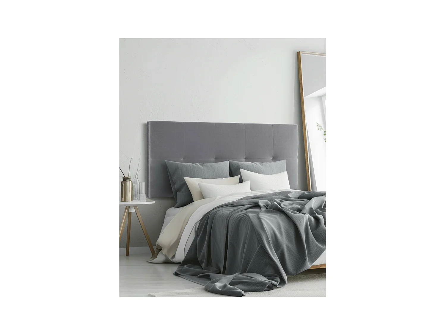 Cabecero de cama de 50x150x4 cm de plancha de madera y en terciopelo en color gris Jensen