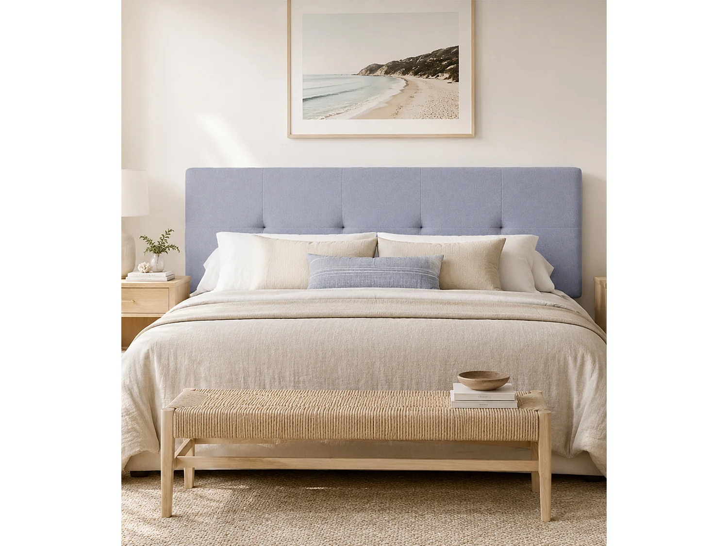 Cabecero de cama de 50x150x4 cm de plancha de madera y en terciopelo en color gris Jensen