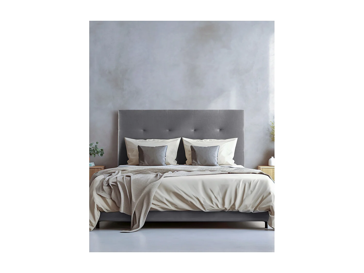 Cabecero de cama de 110x150x7 cm de plancha de madera y en terciopelo en color gris Olson