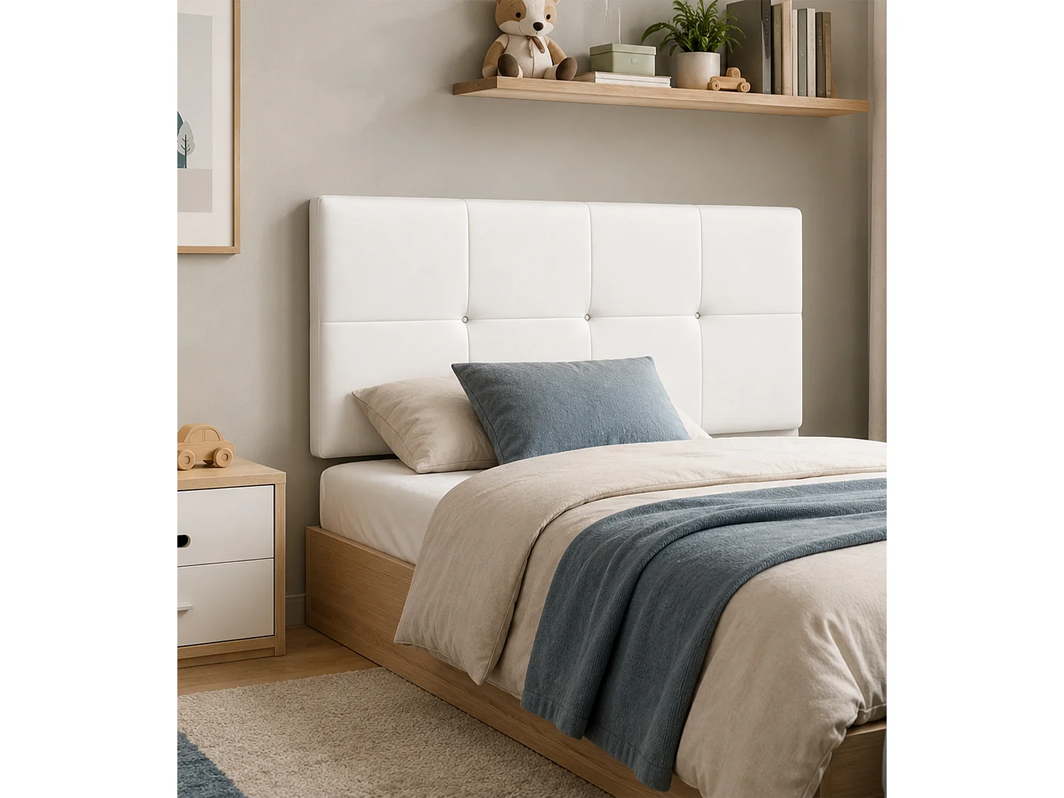 Cabecero de cama de 50x105x4 cm de plancha de madera y en polipiel en color blanco Jensen