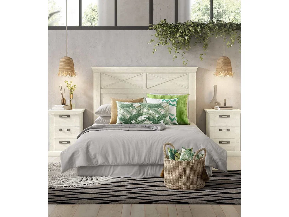 Cabecero de 120x165x8 cm de estilo rústico moderno con patas en color blanco pino Karen