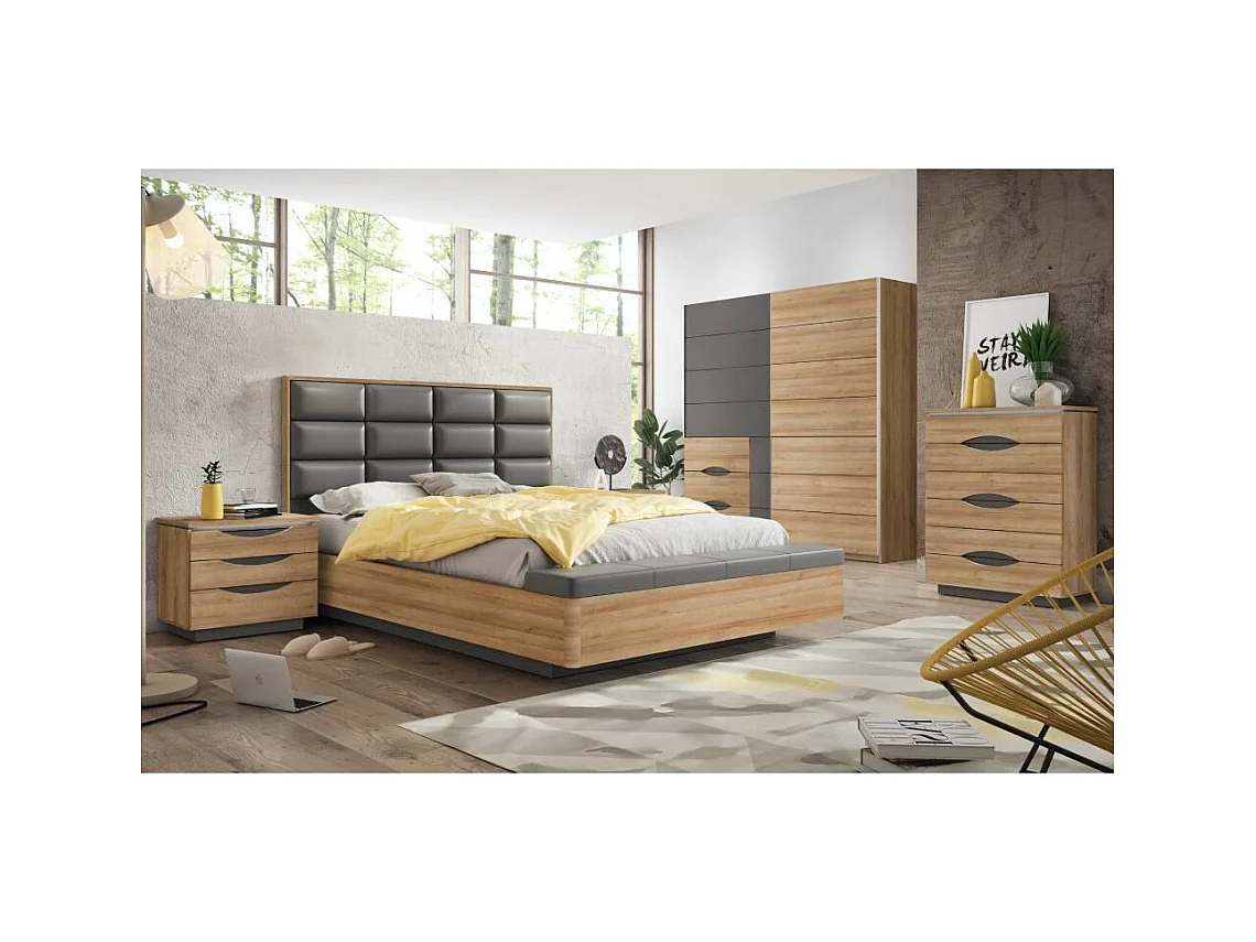 Mesita de noche de 54x61x42 cm con 3 cajones y zócalo de melamina en color roble Saturn