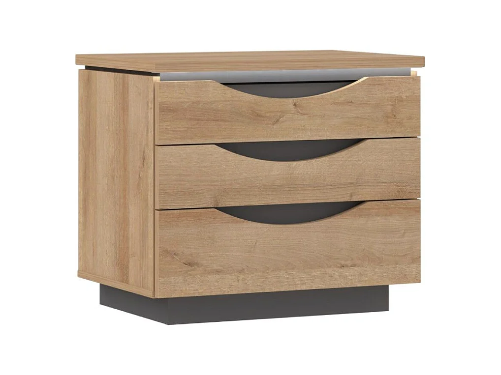 Mesita de noche de 54x61x42 cm con 3 cajones y zócalo de melamina en color roble Saturn