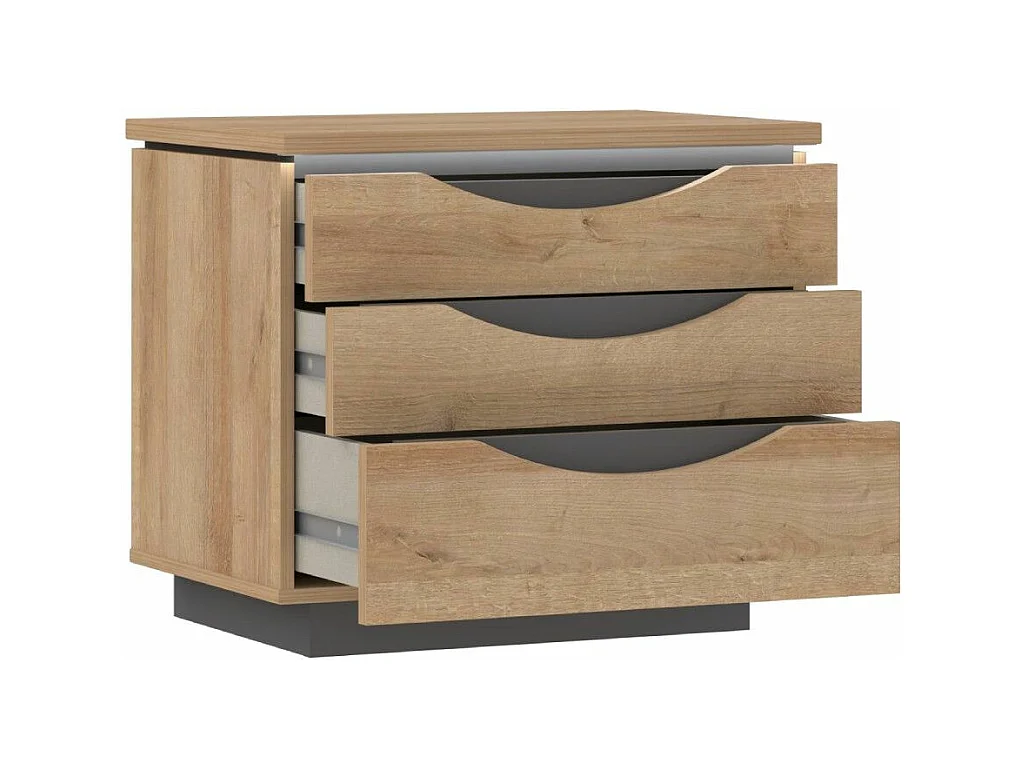 Mesita de noche de 54x61x42 cm con 3 cajones y zócalo de melamina en color roble Saturn