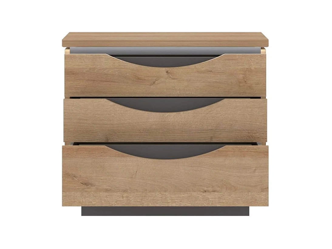 Mesita de noche de 54x61x42 cm con 3 cajones y zócalo de melamina en color roble Saturn