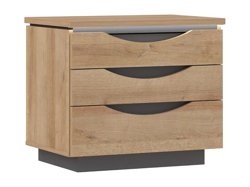 Mesita de noche de 54x61x42 cm con 3 cajones y zócalo de melamina en color roble Saturn