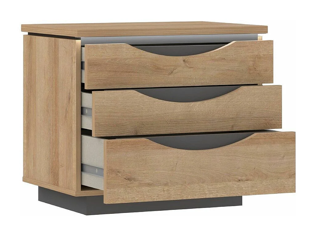 Mesita de noche de 54x61x42 cm con 3 cajones y zócalo de melamina en color roble Saturn