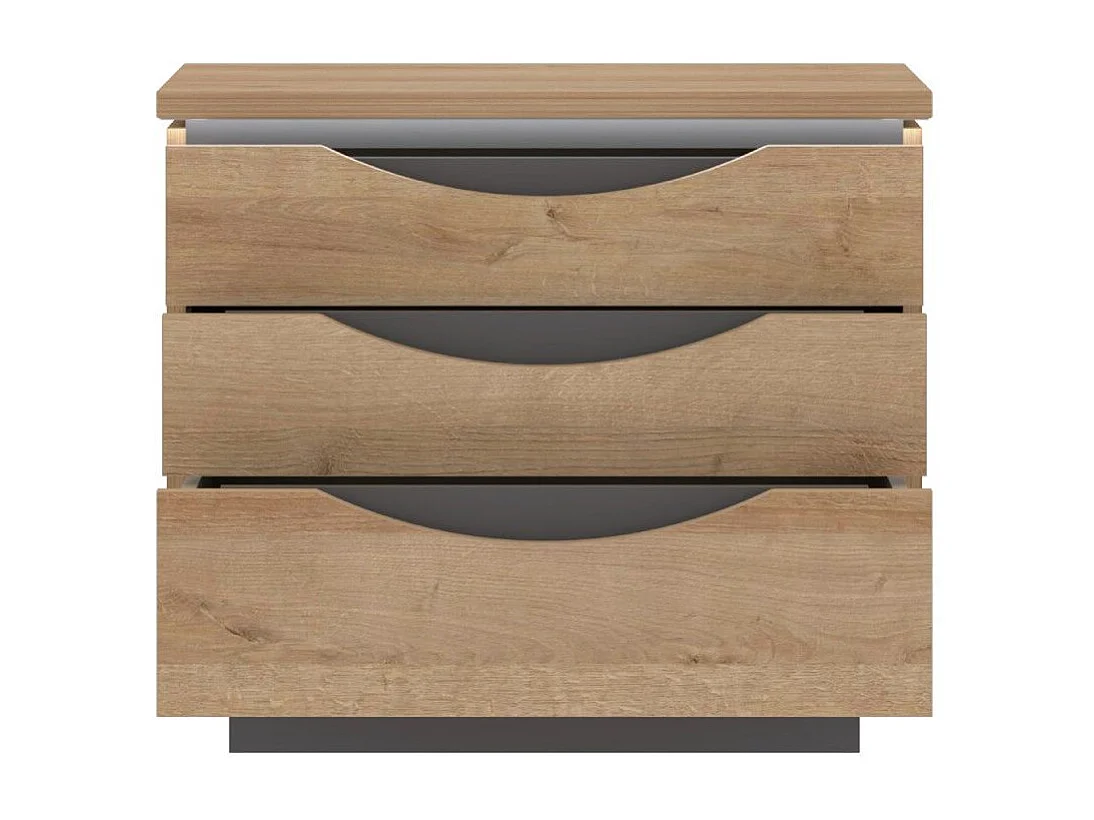 Mesita de noche de 54x61x42 cm con 3 cajones y zócalo de melamina en color roble Saturn