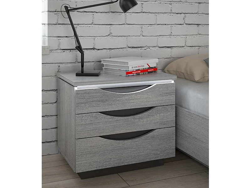 Mesita de noche de 54x61x42 cm con 3 cajones y zócalo de melamina en color gris Saturn