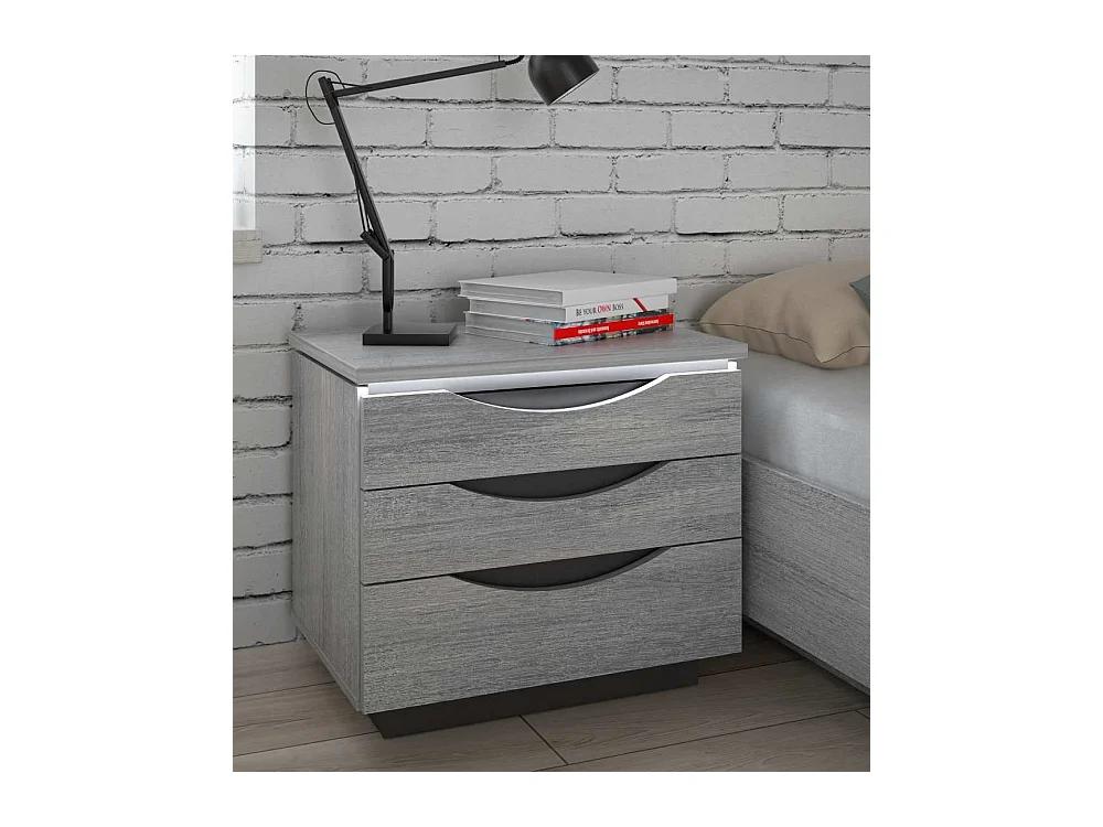 Mesita de noche de 54x61x42 cm con 3 cajones y zócalo de melamina en color gris Saturn