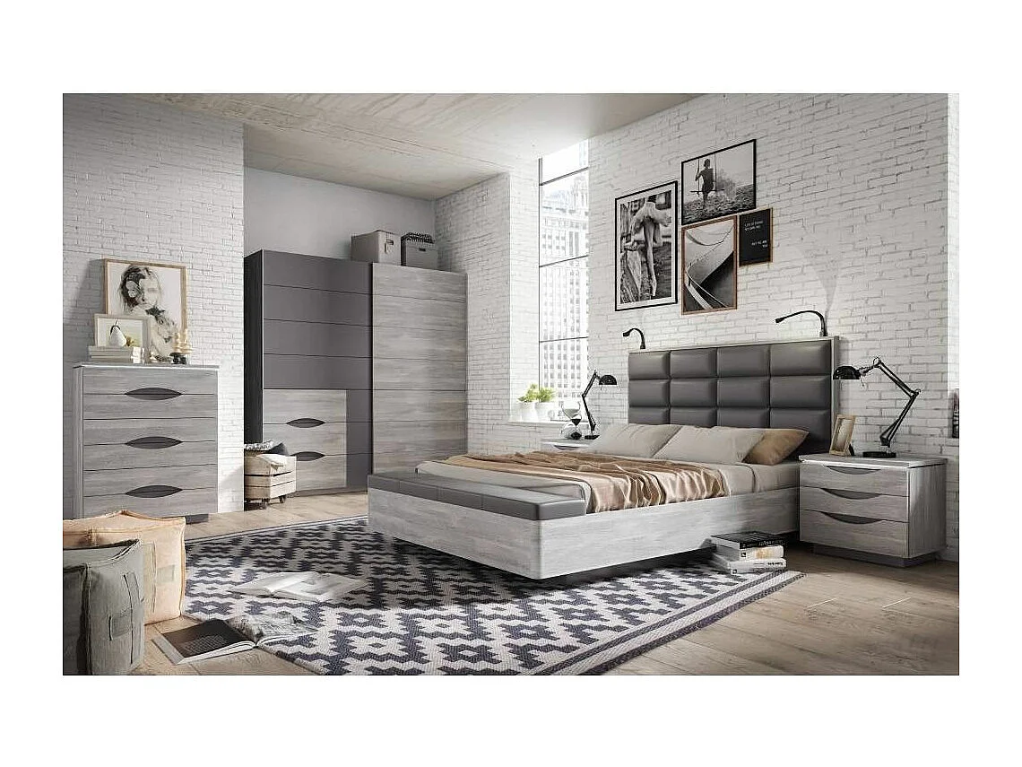 Mesita de noche de 54x61x42 cm con 3 cajones y zócalo de melamina en color gris Saturn