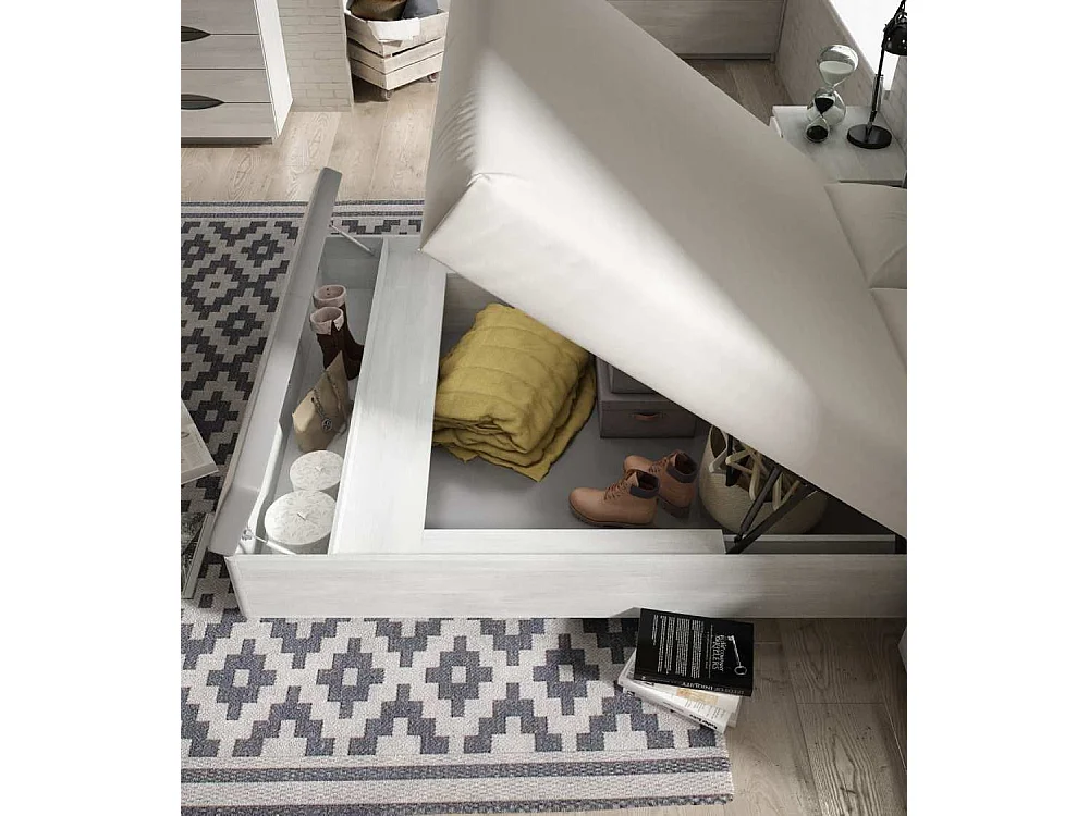 Canapé abatible de 42x189x222 cm con banco tapizado extra y arcón en color gris Saturn