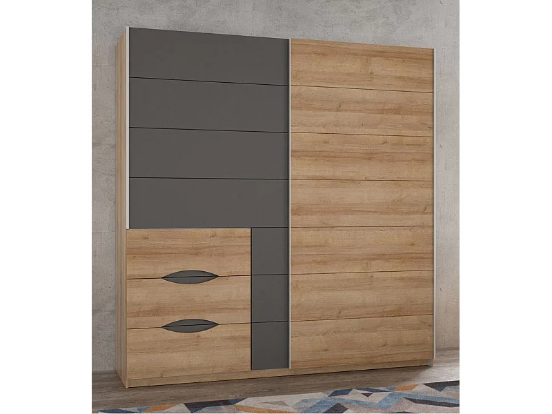 Armario de 210x200x61 cm con 2 puertas correderas y cajonera en color roble Saturn 200