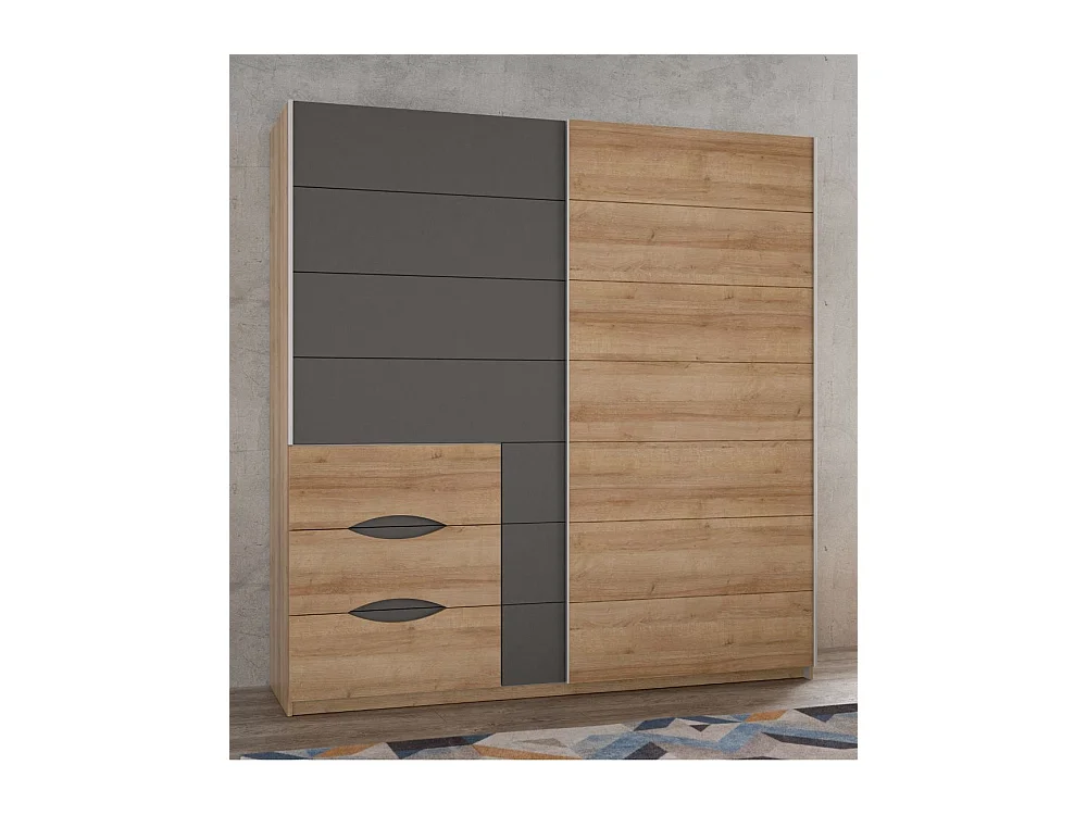 Armario de 210x200x61 cm con 2 puertas correderas y cajonera en color roble Saturn 200