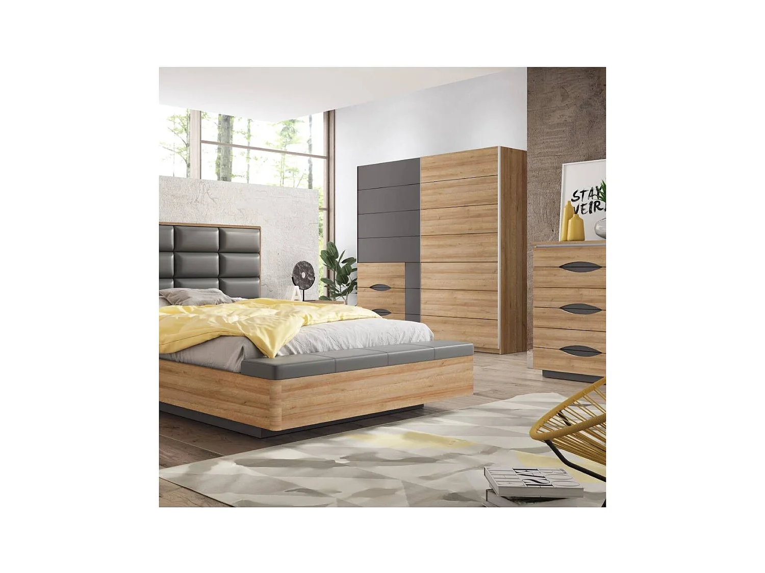 Armario de 210x200x61 cm con 2 puertas correderas y cajonera en color roble Saturn 200