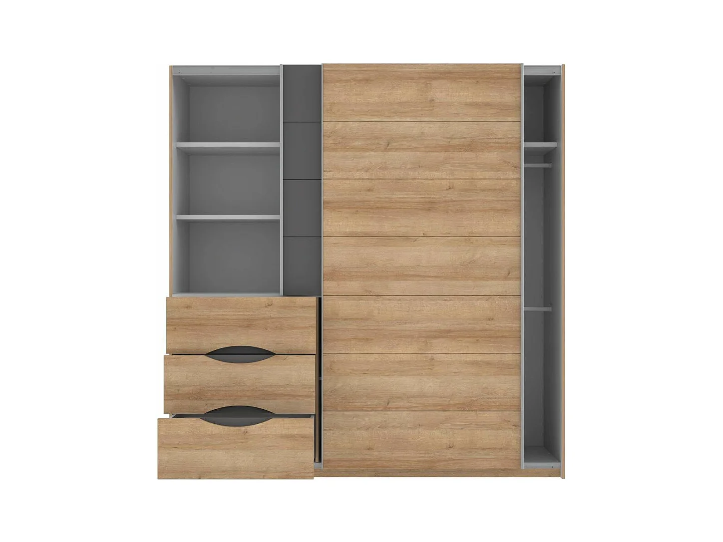 Armario de 210x200x61 cm con 2 puertas correderas y cajonera en color roble Saturn 200