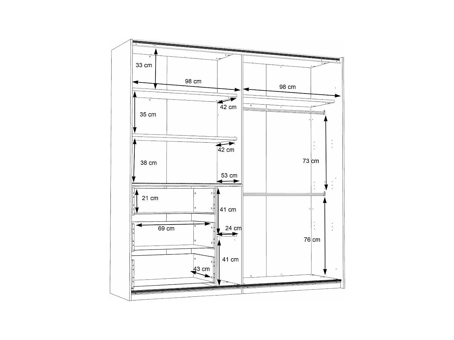 Armario de 210x200x61 cm con 2 puertas correderas y cajonera en color roble Saturn 200