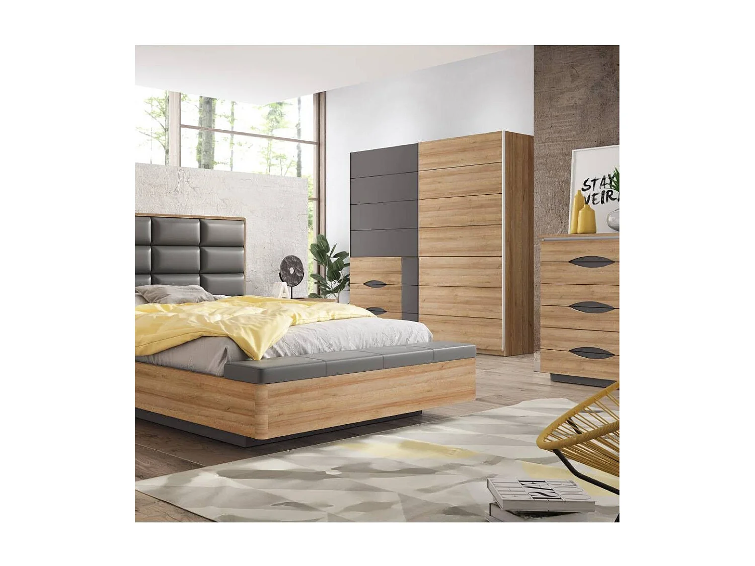 Armario de 210x200x61 cm con 2 puertas correderas y cajonera en color roble Saturn 200