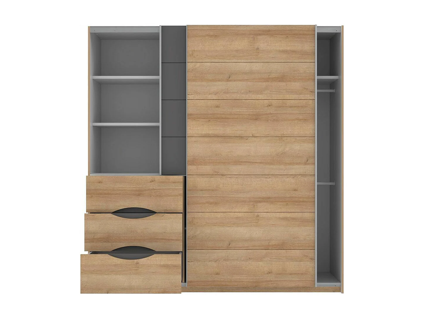 Armario de 210x200x61 cm con 2 puertas correderas y cajonera en color roble Saturn 200