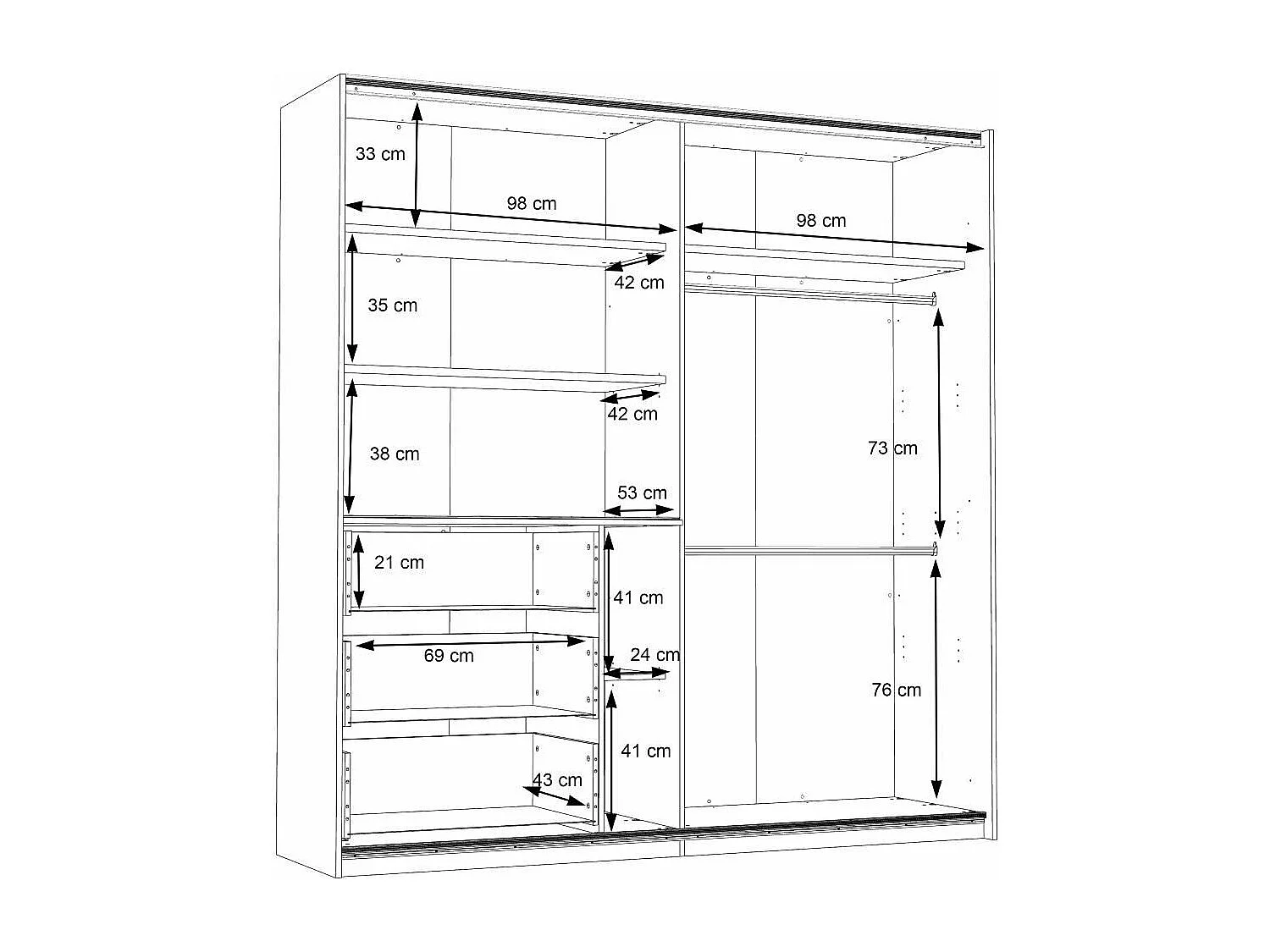 Armario de 210x200x61 cm con 2 puertas correderas y cajonera en color roble Saturn 200