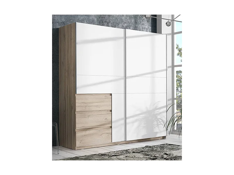 Armario ropero de 201x200x61 cm con 2 puertas correderas y 3 cajones en blanco Colette