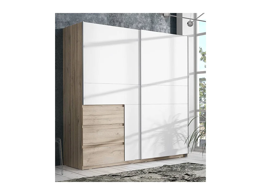 Armario ropero de 201x200x61 cm con 2 puertas correderas y 3 cajones en blanco Colette