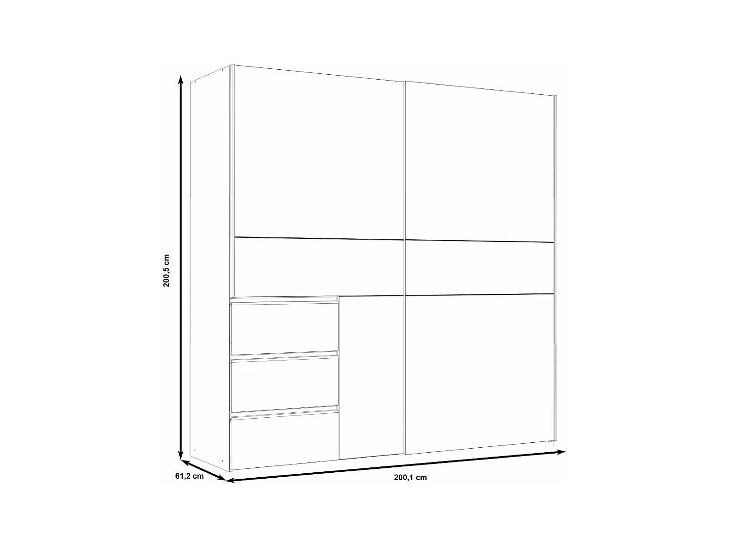 Armario ropero de 201x200x61 cm con 2 puertas correderas y 3 cajones en blanco Colette