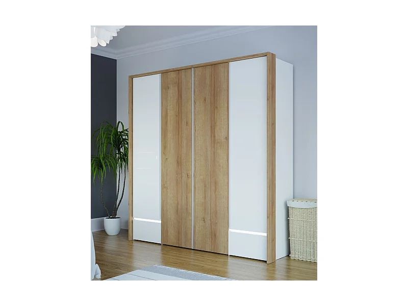 Armario de 213x205x58 cm con 4 puertas y y cajones de madera laminada en color blanco Leny