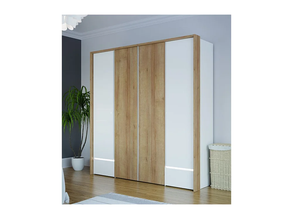 Armario de 213x205x58 cm con 4 puertas y y cajones de madera laminada en color blanco Leny