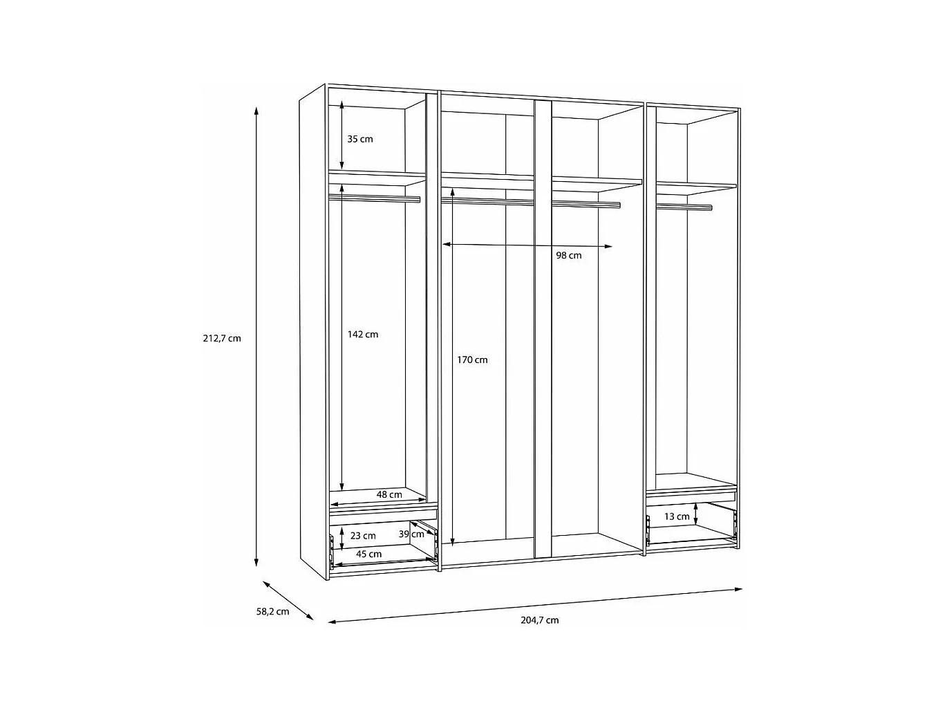 Armario de 213x205x58 cm con 4 puertas y y cajones de madera laminada en color blanco Leny
